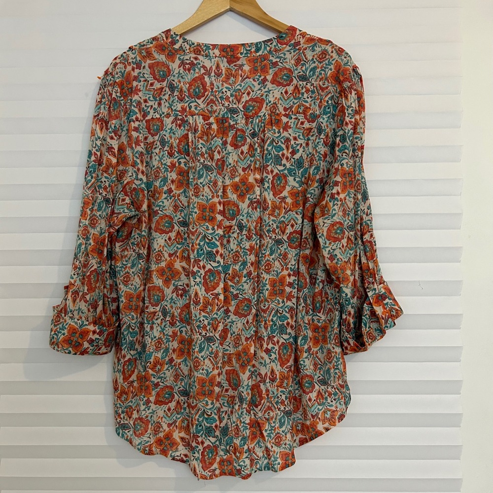 Cocomo Woman Orange Teal Floral Paisley‎ Tie Front Blouse 2X D088VE81370U - Picture 2 of 9
